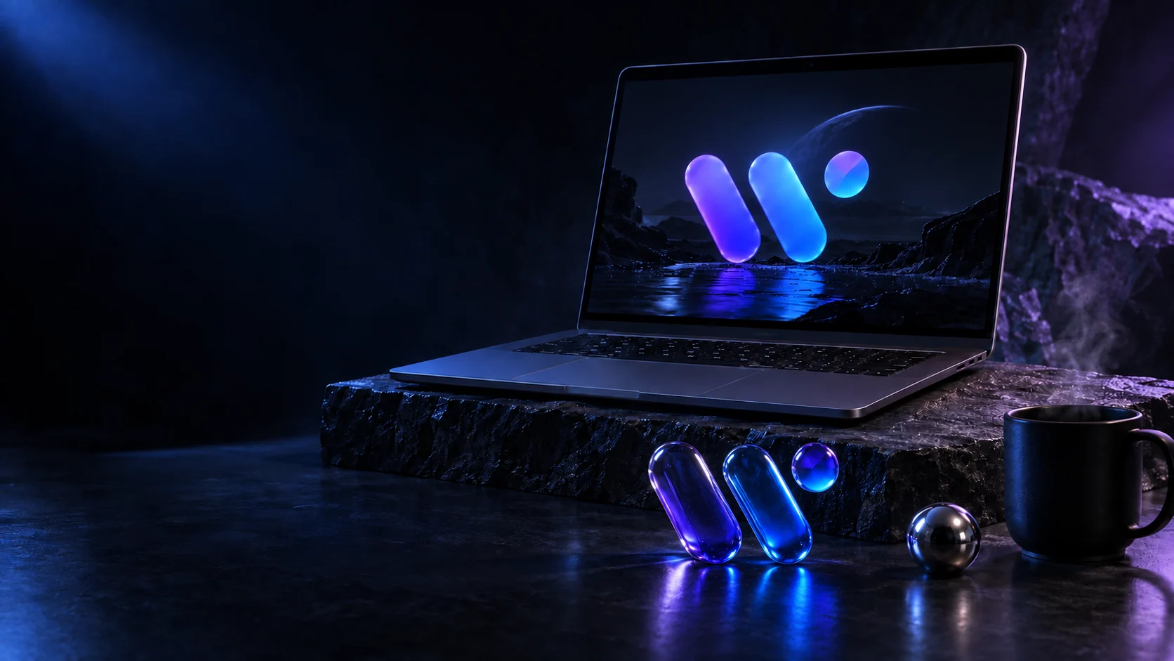 Notebook y una escultura de cristal dobleW en un estudio iluminado en azul y violeta